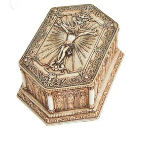 NEW Crucifixion keepsake box made of antiqued resin decor rosery storage